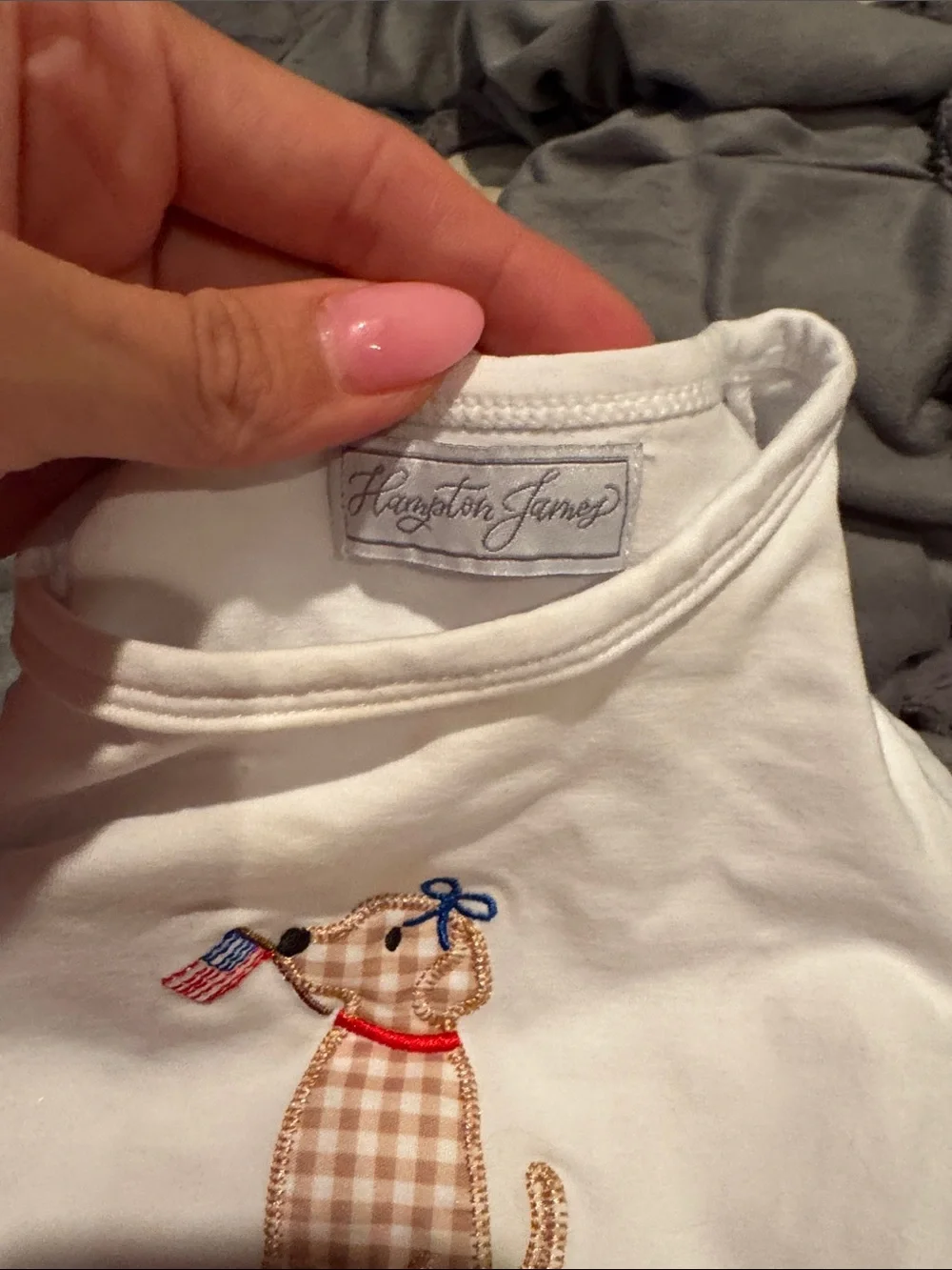 White Puff Sleeve Girls' Tee with Gingham Dog Appliqué